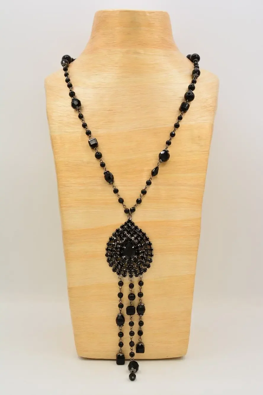 Coldwater Creek Vintage Black Rhinestone Teardrop Tassel Statement Necklace BinY